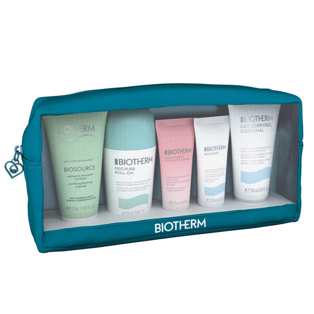 Biotherm Aquasource Routine Pouch Set Deodorant Roll-On 75ml + Cleanser 50ml + Hand cream 20ml + Body lotion 50ml + Face cream 20ml for Unisex