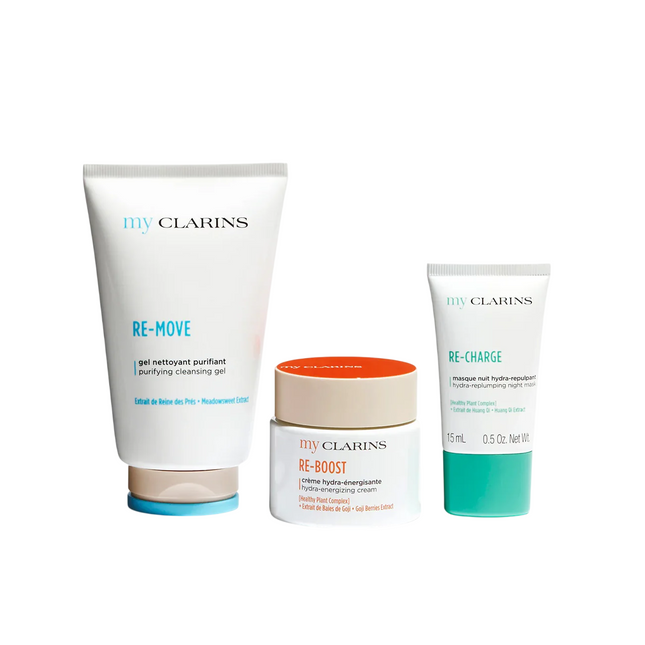 Clarins Hydration Gift Set 125ml Re-Move Purifying Cleansing Gel + 50ml Re-Boost Hydra Energizing Cream + 15ml Re-Charge Hydra Replumping Night Mask for Unisex