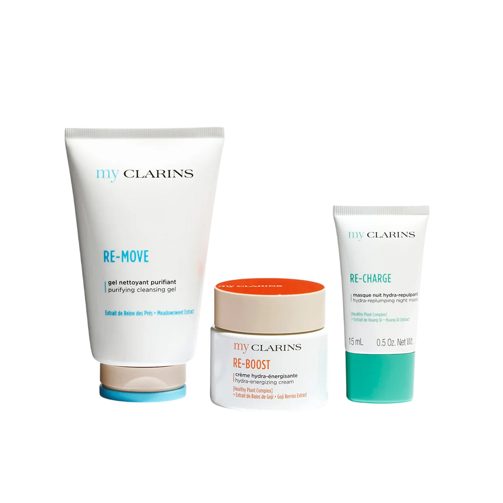 Clarins Hydration Gift Set 125ml Re-Move Purifying Cleansing Gel + 50ml Re-Boost Hydra Energizing Cream + 15ml Re-Charge Hydra Replumping Night Mask for Unisex