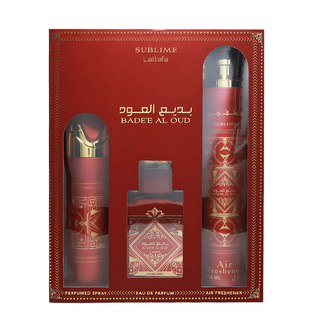 Lattafa Perfumes Bade'e Al Oud Sublime Gift Set 100ml EDP + 200ml Perfumed Body Spray + 300ml Air Freshener for Unisex