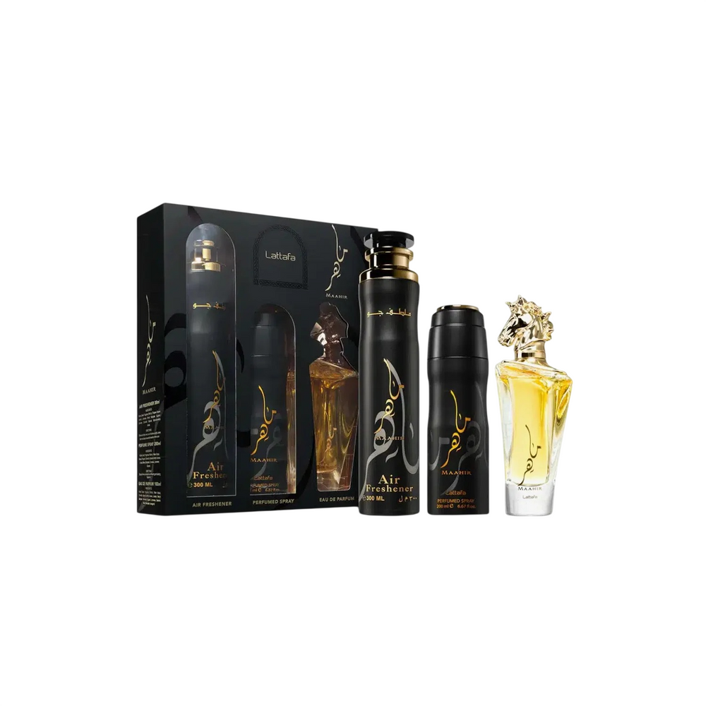 Lattafa Perfumes Maahir Gift Set 100ml EDP + 200ml Perfumed Body Spray + 300ml Air Freshener for Unisex